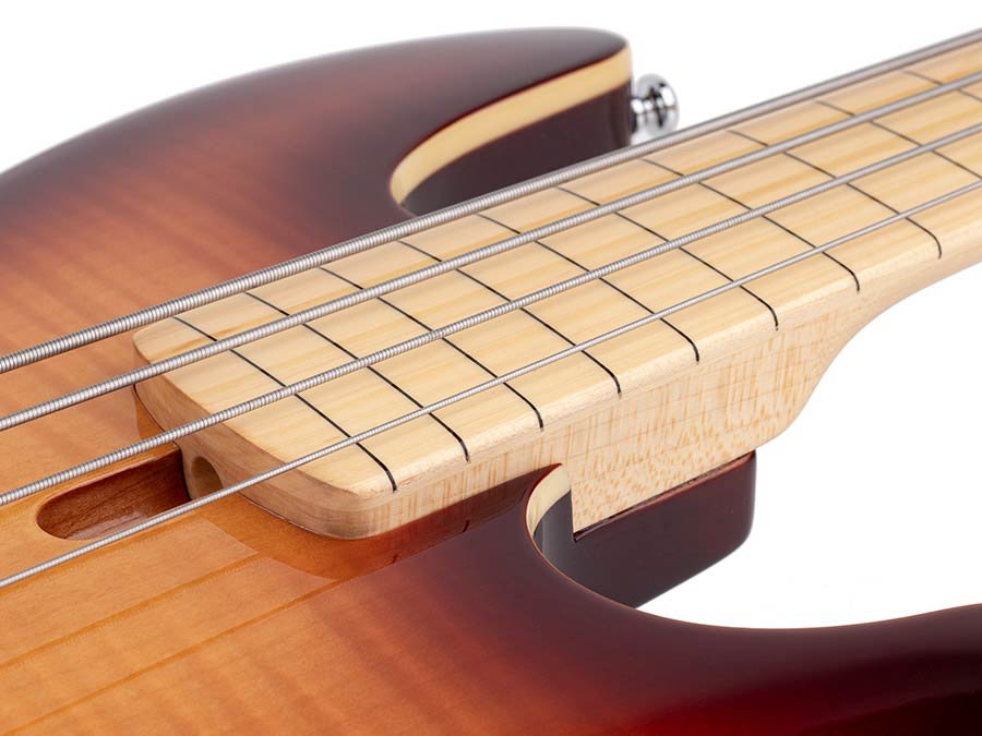 fretless alder with flamed maple top 4- string short scale passive bass guitar tobacco sunburst - Afbeelding 5