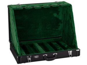 guitar stand case for 5 guitars, with movable body pads, black tolex with green plush