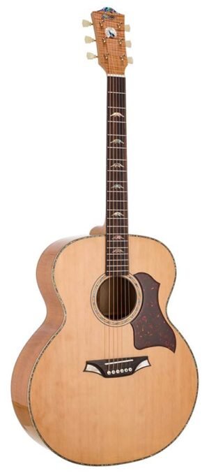 jumbo guitar with solid spruce top, maple b&s, amara ebony fb, with deluxe gigbag and wooden stand