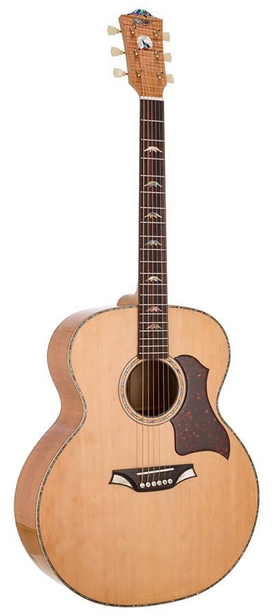 jumbo guitar with solid spruce top, maple b&s, amara ebony fb, with deluxe gigbag and wooden stand