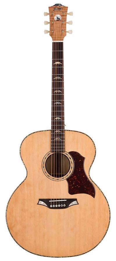 jumbo guitar with solid spruce top, maple b&s, amara ebony fb, with deluxe gigbag and wooden stand - Afbeelding 3