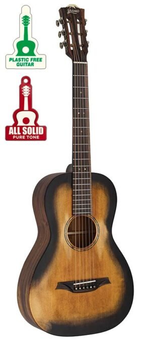 parlor guitar all solid tonewoods with 12th fret neck joint, amara ebony fb, with heavy duty bag