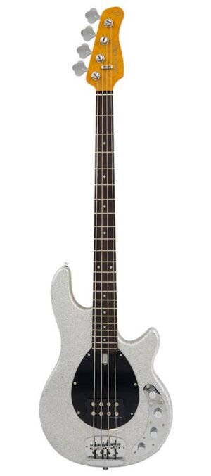 mahogany 4-string active bass guitar, silver sparkle
