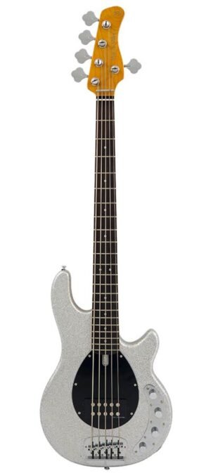 mahogany 5-string active bass guitar, silver sparkle