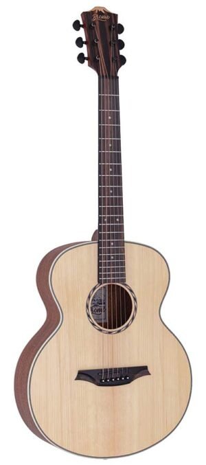 mini jumbo acoustic guitar, solid spruce top, amara ebony fb, natural, sponge padded bag