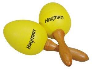 shaker eggs, plastic, pair, with handle, yellow, 45 grams