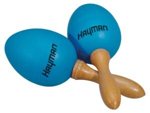 shaker eggs, plastic, pair, with handle, blue, 50 grams