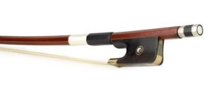 french d. bass bow, 4/4, pernambuco, octagonal stick, ebony frog, parisian eye, fully nickel mounte