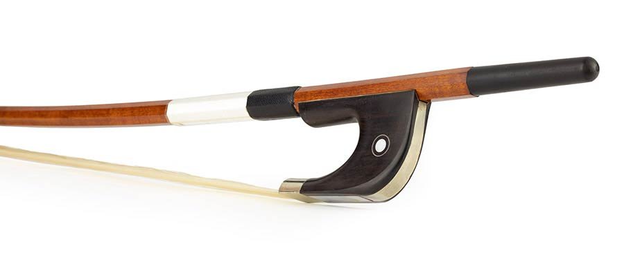german d. bass bow, 4/4, pernambuco, octagonal stick, ebony frog, parisian eye, fully nickel mounte