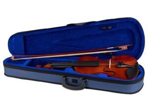 violin outfit 3/4, laminated, nitro varnish, blackened hardwood fittings, finetuner tailpiece, case