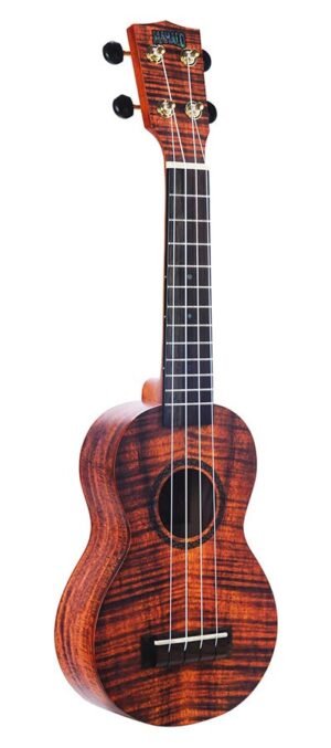 soprano ukulele flame koa, linden body, mahogany neck, amara ebony fretboard, matt photo finish+bag